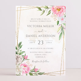 Convites Casamento Geométrico Floral em Aquarela Rosa Doura