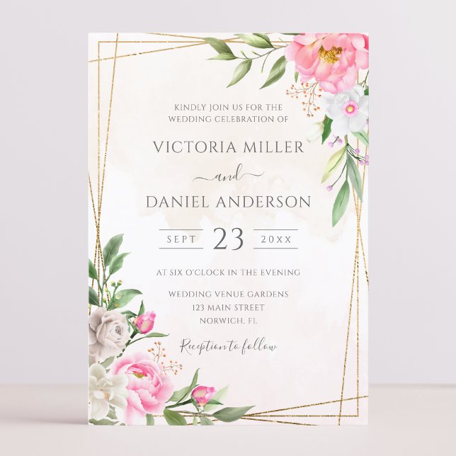 Convites Casamento Geométrico Floral em Aquarela Rosa Doura (Criador carregado)
