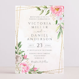 Convites Casamento Geométrico Floral em Aquarela Rosa Doura