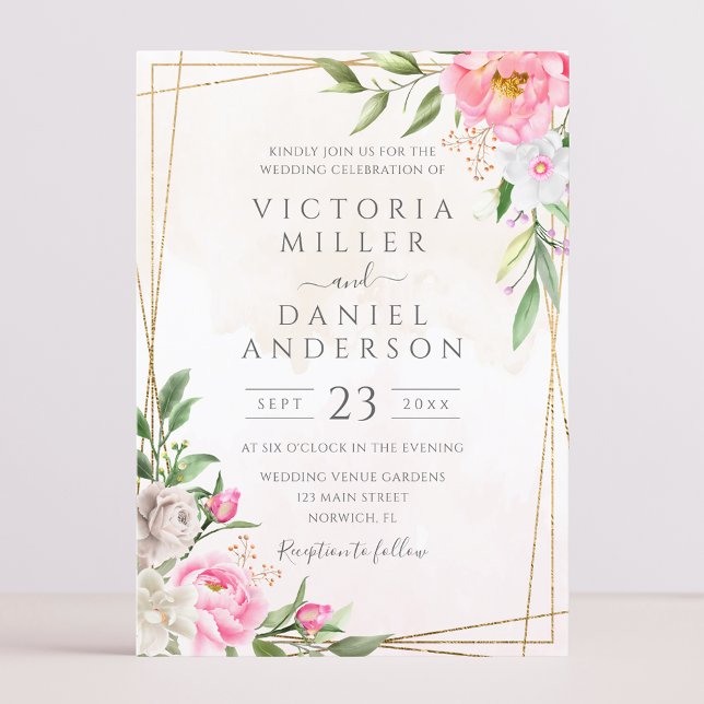 Convites Casamento Geométrico Floral em Aquarela Rosa Doura (Criador carregado)