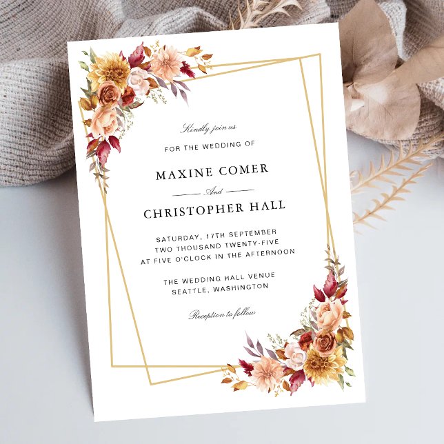 Convites Casamento Geométrico Floral em Vermelho Borgonha e (Personalized burgundy floral geometric invitation sets an elegant tone for your wedding.)