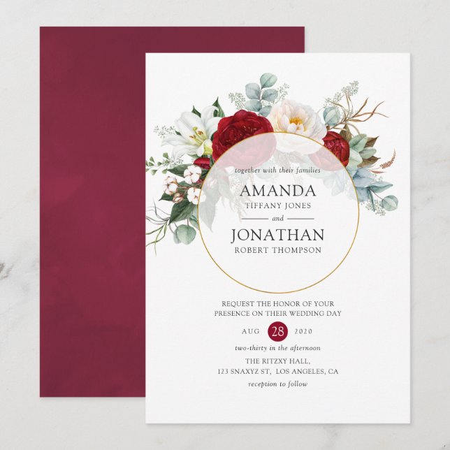 Convites Casamento Geométrico Floral em Vermelho Borgonha e (Frente/Verso)
