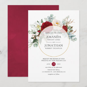 Convites Casamento Geométrico Floral em Vermelho Borgonha e