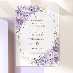 Convites Casamento Geométrico Floral Lavanda Dourado