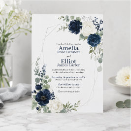 Convites Casamento Geométrico Floral Marfim Azul Marinho