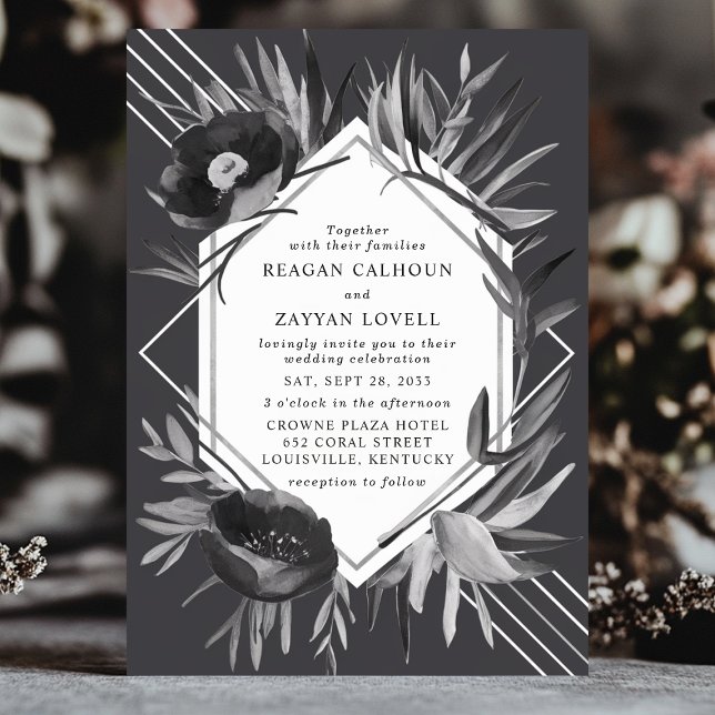 Convites Casamento Geométrico Floral Monocromático Elegante (Criador carregado)