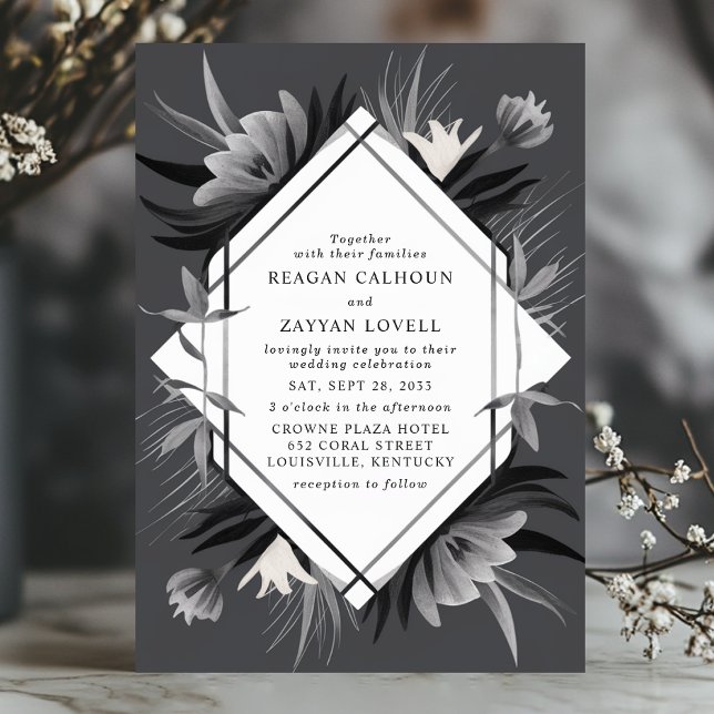 Convites Casamento Geométrico Floral Monocromático Moderno  (Criador carregado)