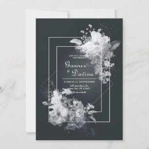 Convites Casamento Geométrico Floral Preto Branco Monocromá
