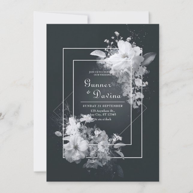 Convites Casamento Geométrico Floral Preto Branco Monocromá (Frente)