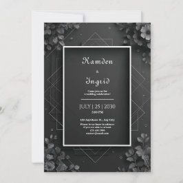 Convites Casamento Geométrico Floral Preto Monocromático