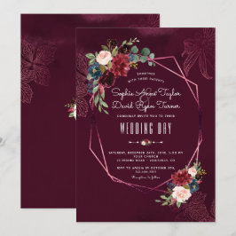 Convites Casamento Geométrico Floral Real Burgundy Blush