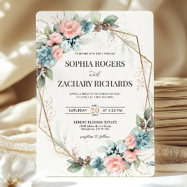 Convites Casamento Geométrico Floral Rosa Coral Azul Empoei