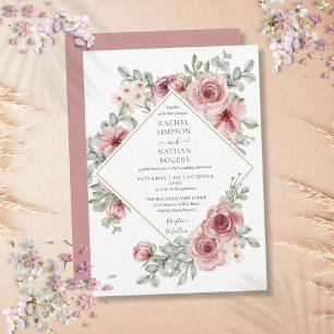 Convites Casamento Geométrico Floral Rosa Dourado Pó