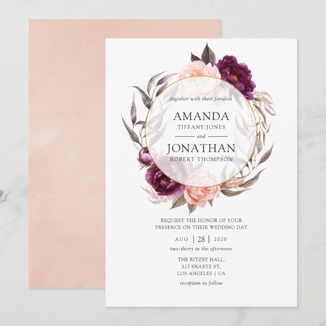 Convites Casamento Geométrico Floral Rosa e Ameixa Borgonha (Frente/Verso)