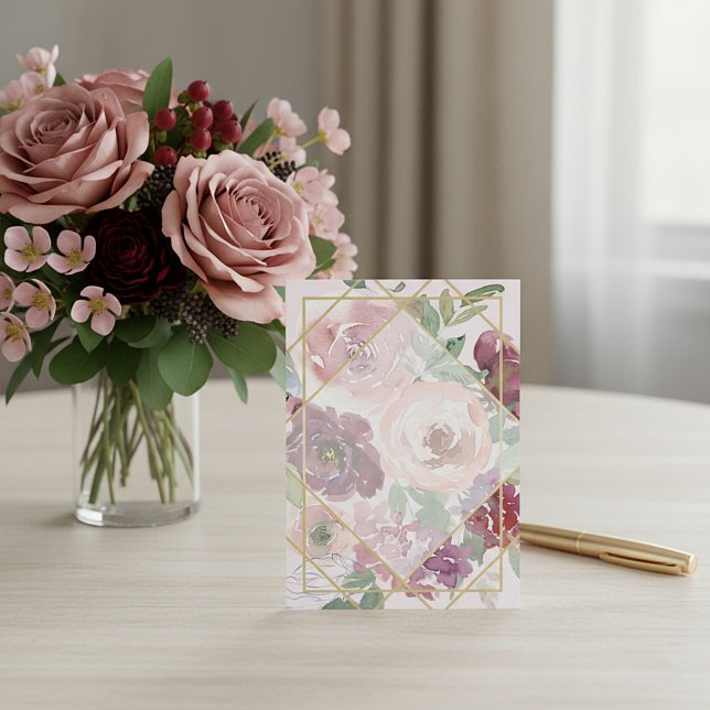 Convites Casamento geométrico floral rosa e dourado em bran (Criador carregado)