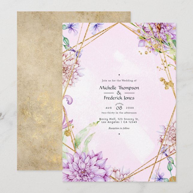 Convites Casamento Geométrico Floral Roxo e Dourado (Frente/Verso)