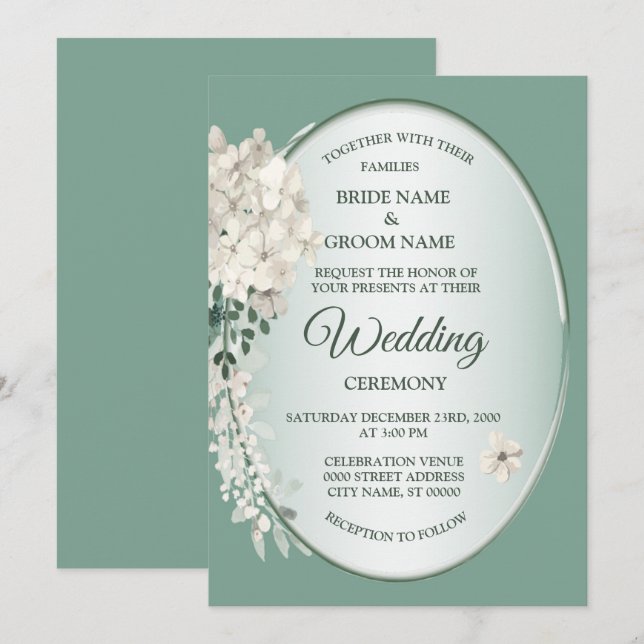 Convites Casamento Geométrico Floral Verde Jasmine Branco (Frente/Verso)