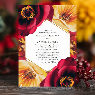 Convites Casamento Geométrico Floral Vermelho e Amarelo em 