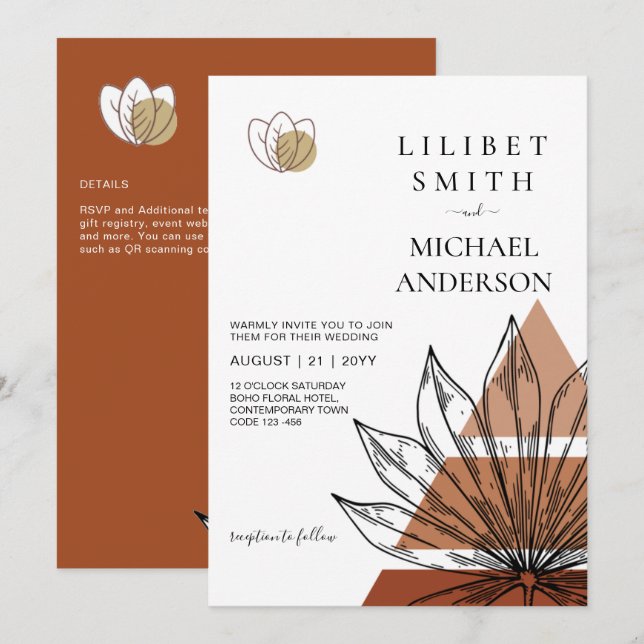 Convites Casamento Geométrico Japandi Abstrato Escandinavo (Frente/Verso)