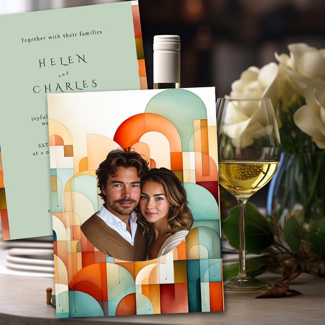 Convites Casamento Geométrico Laranja Azul Pêssego Turquesa (Criador carregado)