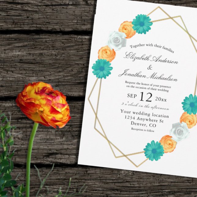 Convites Casamento Geométrico Laranja Teal Floral (Criador carregado)