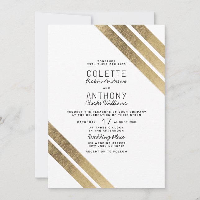 Convites Casamento geométrico moderno em ouro branco elegan (Frente)