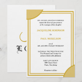 Convites Casamento Geométrico Monograma Dourado Branco