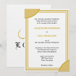 Convites Casamento Geométrico Monograma Dourado Branco