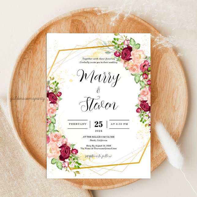 Convites Casamento Geométrico Poligonal Floral em Dourado e (Burgundy Floral Gold Polygonal Geometric Wedding)