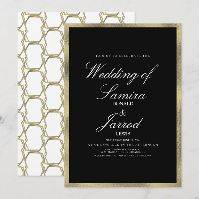 Convites Casamento Geométrico Preto Dourado Falso Moderno (Frente/Verso)