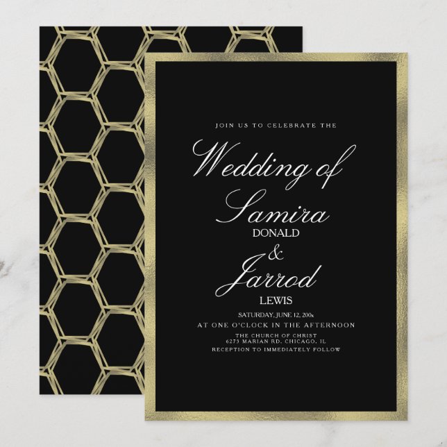 Convites Casamento Geométrico Preto Dourado Falso Moderno (Frente/Verso)