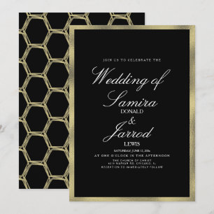 Convites Casamento Geométrico Preto Dourado Falso Moderno