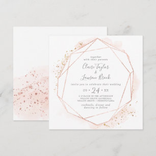Convites Casamento Geométrico Quadrado com rosa Dourado Wat