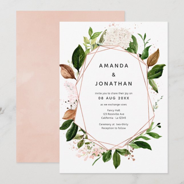 Convites Casamento Geométrico Rosa e Cor-de-rosa Esmagado (Frente/Verso)