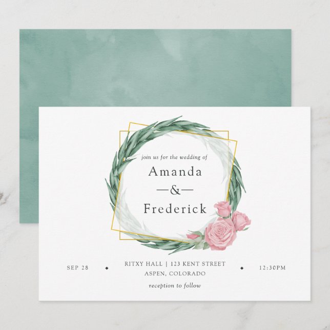 Convites Casamento Geométrico Rosa Eucalipto Aquarela (Frente/Verso)