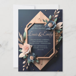 Convites Casamento Geométrico Rustic Wood Marinho Azul Blus