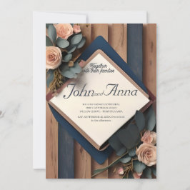 Convites Casamento Geométrico Rustic Wood Marinho Azul Blus