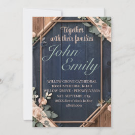 Convites Casamento Geométrico Rustic Wood Marinho Azul Blus