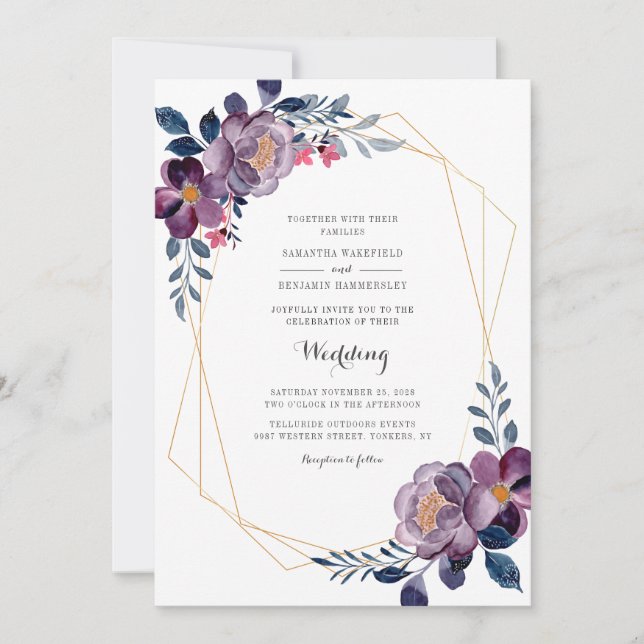 Convites Casamento Geométrico Script Azul Floral Poeira  (Frente)