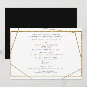 Convites Casamento Geométrico Simples Branco Preto e Dourad