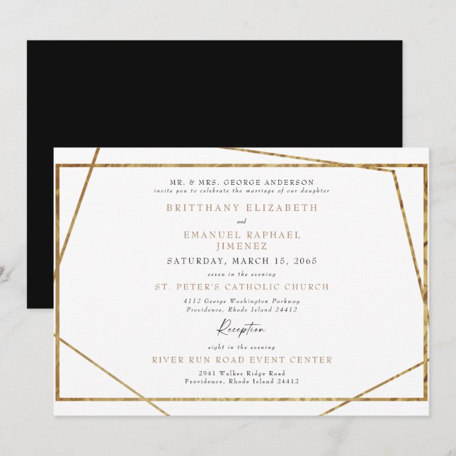 Convites Casamento Geométrico Simples Branco Preto e Dourad (Frente/Verso)
