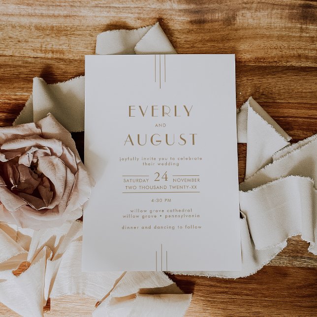 Convites Casamento Geométrico Simples na Deco da Arte TOTAL (EVERLY Gold Art Deco Simple Geometric Wedding Invitation)
