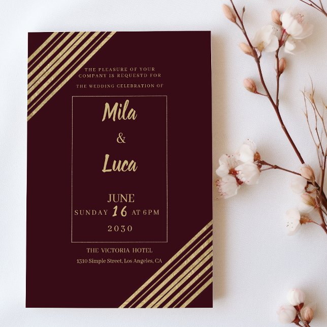 Convites Casamento geométrico tipografia burgundy dourado (Geometrical burgundy gold typo Wedding )