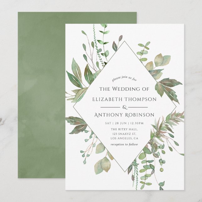 Convites Casamento Geométrico Verde (Frente/Verso)
