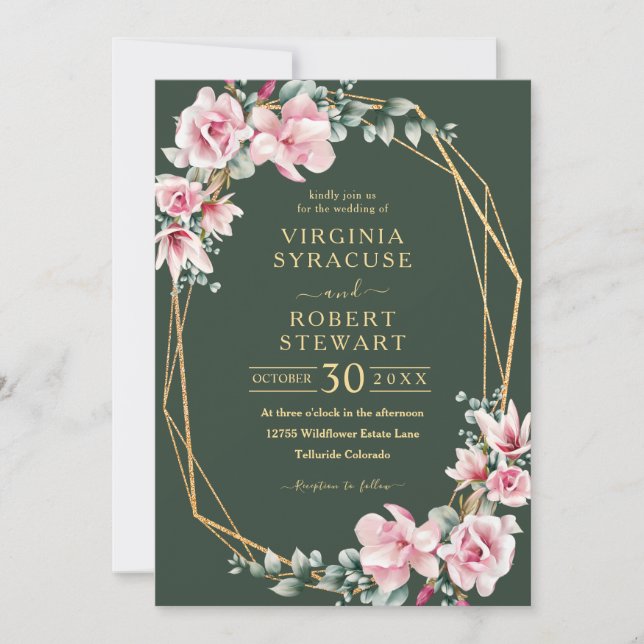 Convites Casamento Geométrico Verde da Magnolia Rosa Esmaga (Frente)