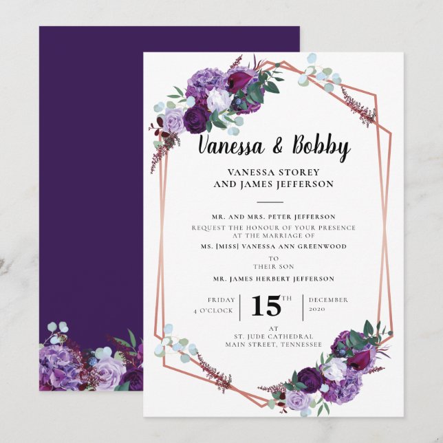 Convites Casamento Geométrico Verde de Script Roxo Floral (Frente/Verso)