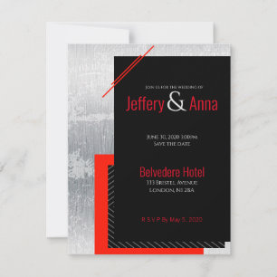 Convites Casamento geométrico vermelho, preto, cinza, listr