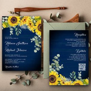 Convites Casamento Girassóis Eucalipto Código QR Azul Marin
