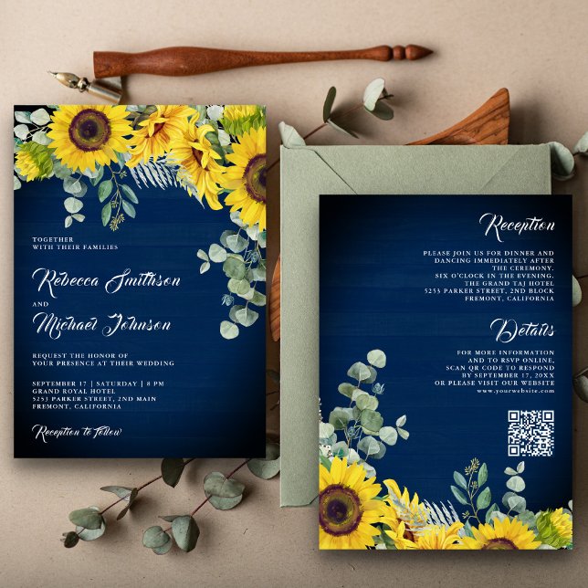 Convites Casamento Girassóis Eucalipto Código QR Azul Marin (Criador carregado)