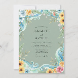 Convites Casamento Girassol Amarelo Eucalipto Azul